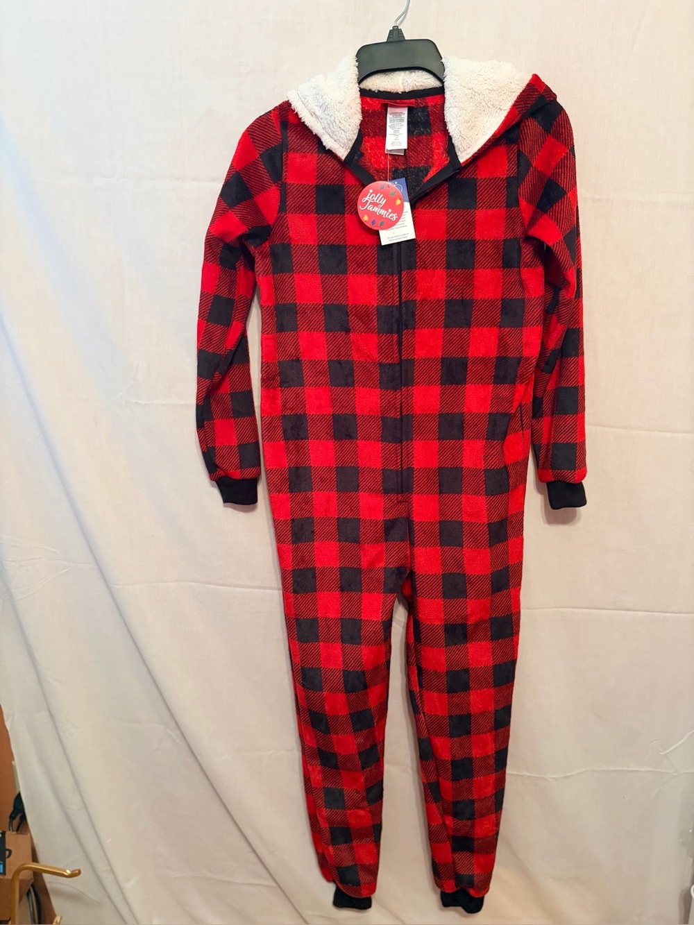 NWT Youth Red Buffalo Plaid One-Piece Hooded Pajamas
